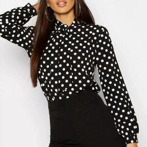 J. Crew Black White Polka Dot Button Up Blouse Women's Sz M Tie Neck Career Work